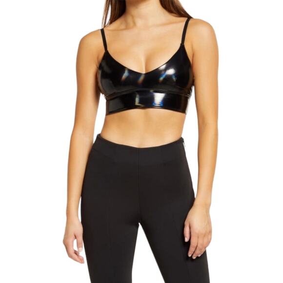 NWOT Good American Hologram Faux Leather Black Bra 1 Small - Picture 1 of 8